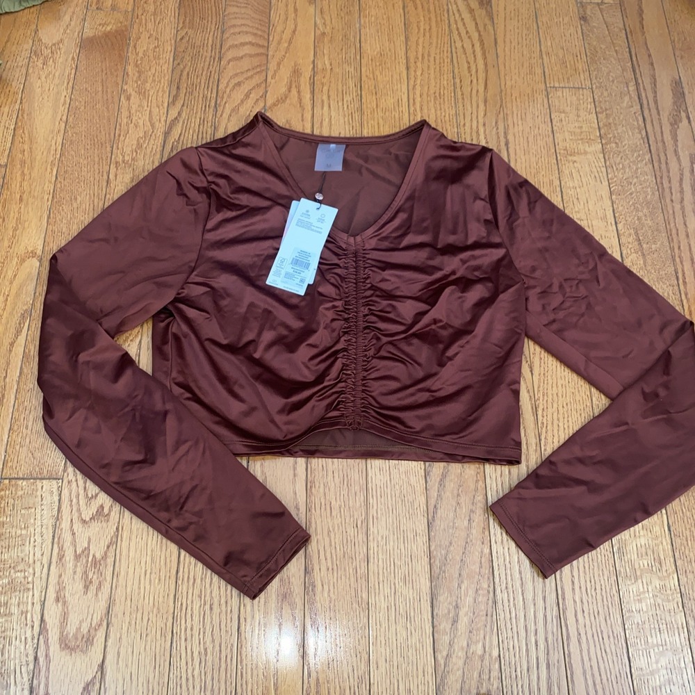 CALIA Women's‎ Long Sleeve Ruched Swim Rashguard Red Brown Shine Size Medium